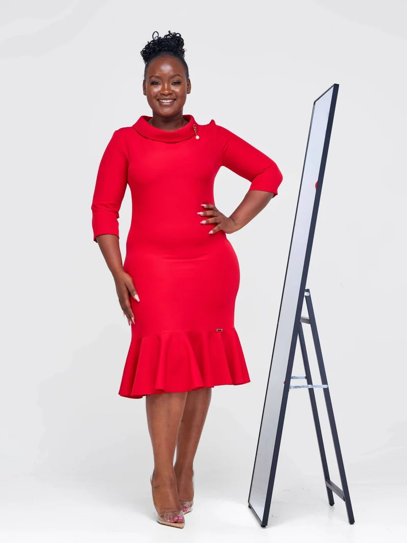 The Fashion Frenzy Turtle Neck Fishtail Dress - Red