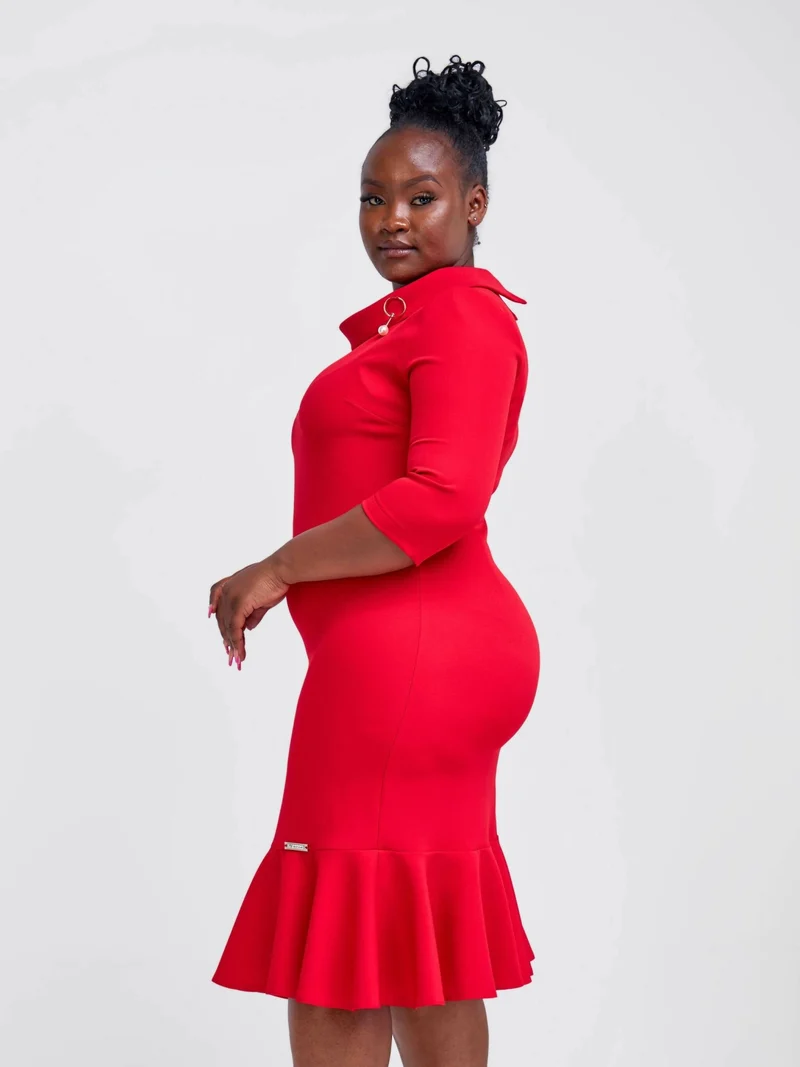 The Fashion Frenzy Turtle Neck Fishtail Dress - Red