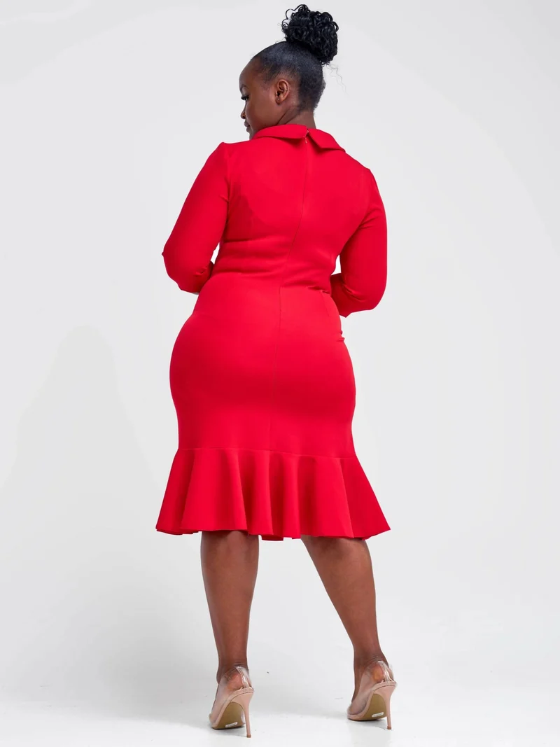 The Fashion Frenzy Turtle Neck Fishtail Dress - Red