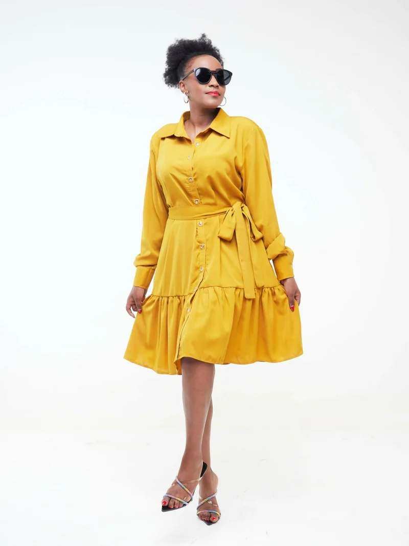 Phyls Collections Sheila Shirt Knee Length Dress - Yellow