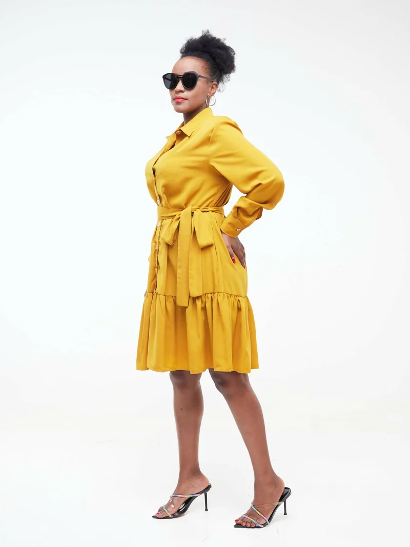 Phyls Collections Sheila Shirt Knee Length Dress - Yellow
