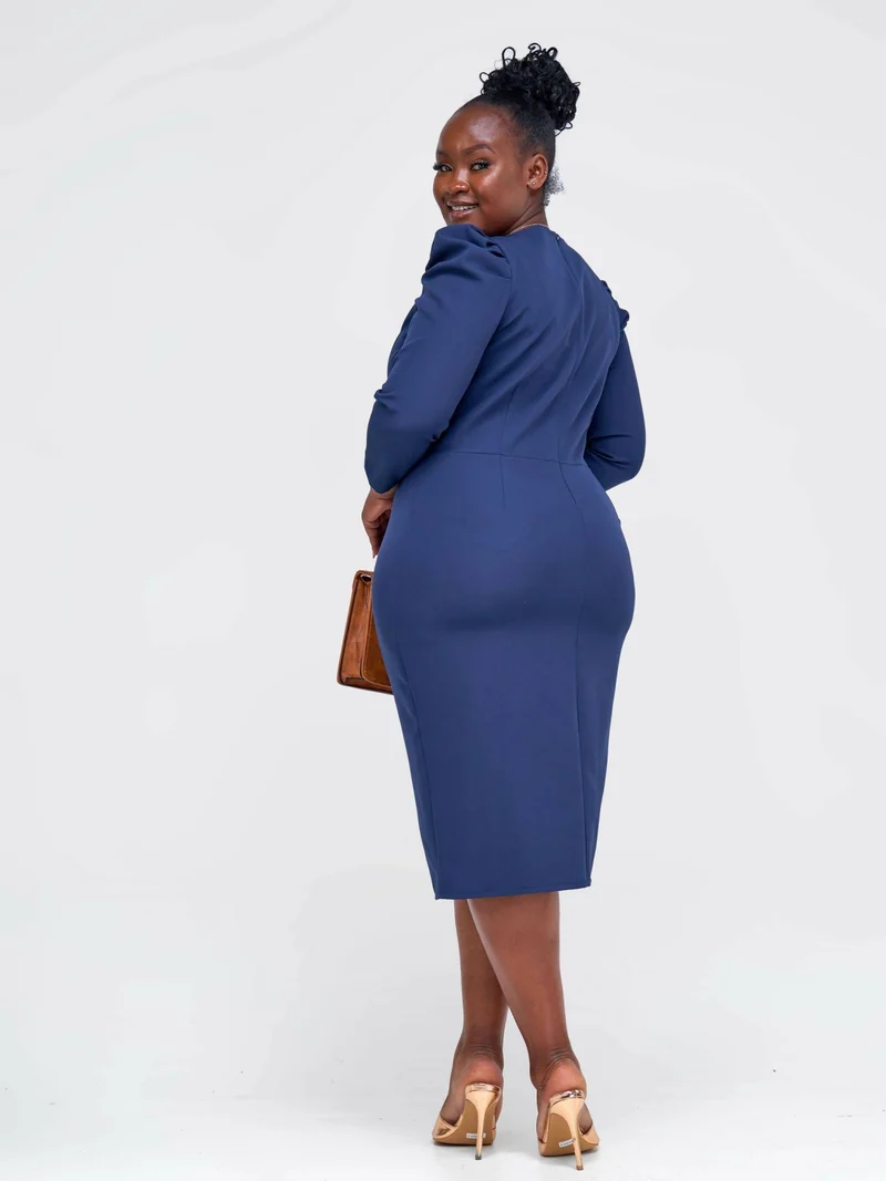 The Fashion Frenzy V-neck Pencil Dress - Navy Blue
