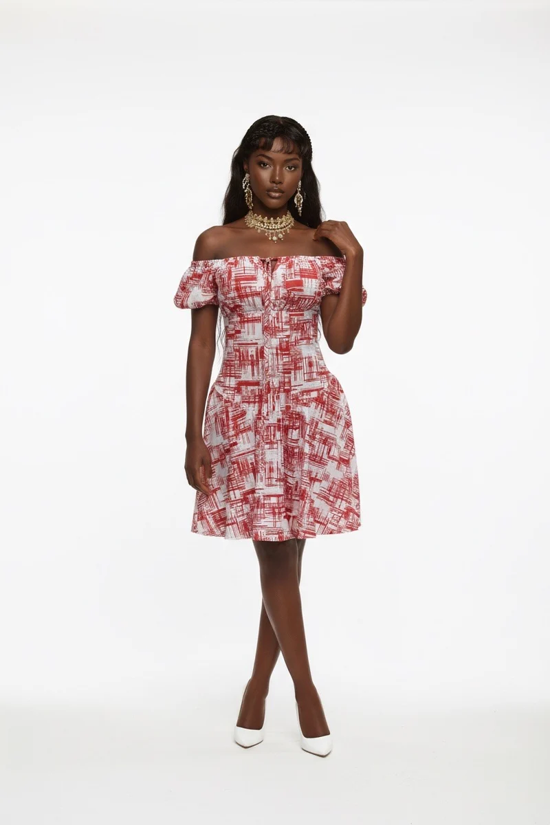 Stylish Sisters Modern Off-the-shoulder Skater Dress - Red & White