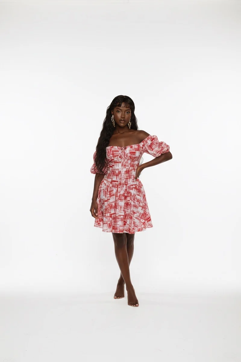 Stylish Sisters Modern Off-the-shoulder Skater Dress - Red & White