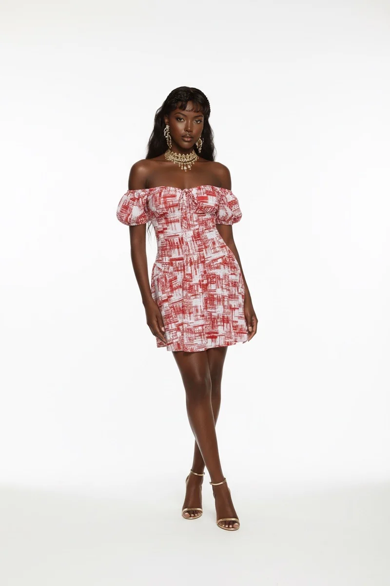 Stylish Sisters Modern Off-the-shoulder Skater Dress - Red & White