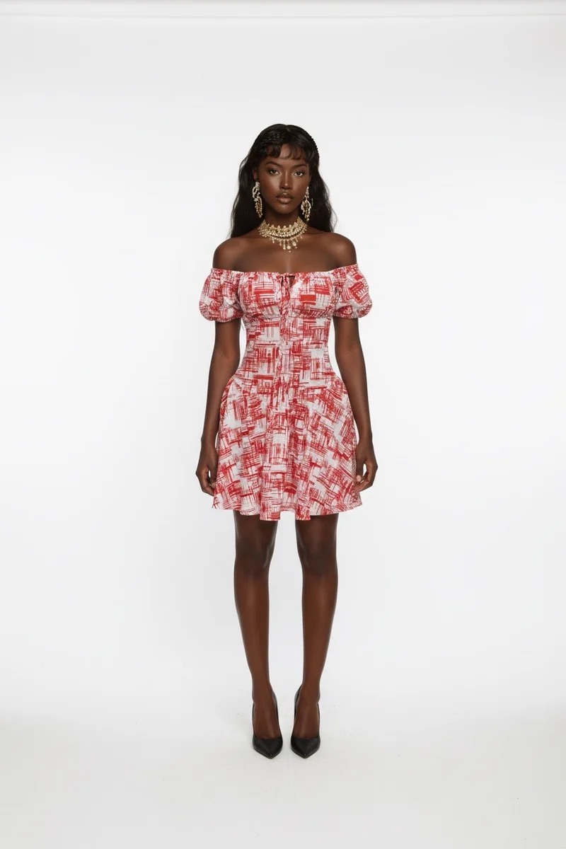 Stylish Sisters Modern Off-the-shoulder Skater Dress - Red & White