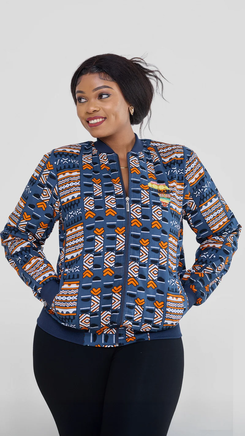 Afrikana Indigo Bomber Jacket - Blue Print