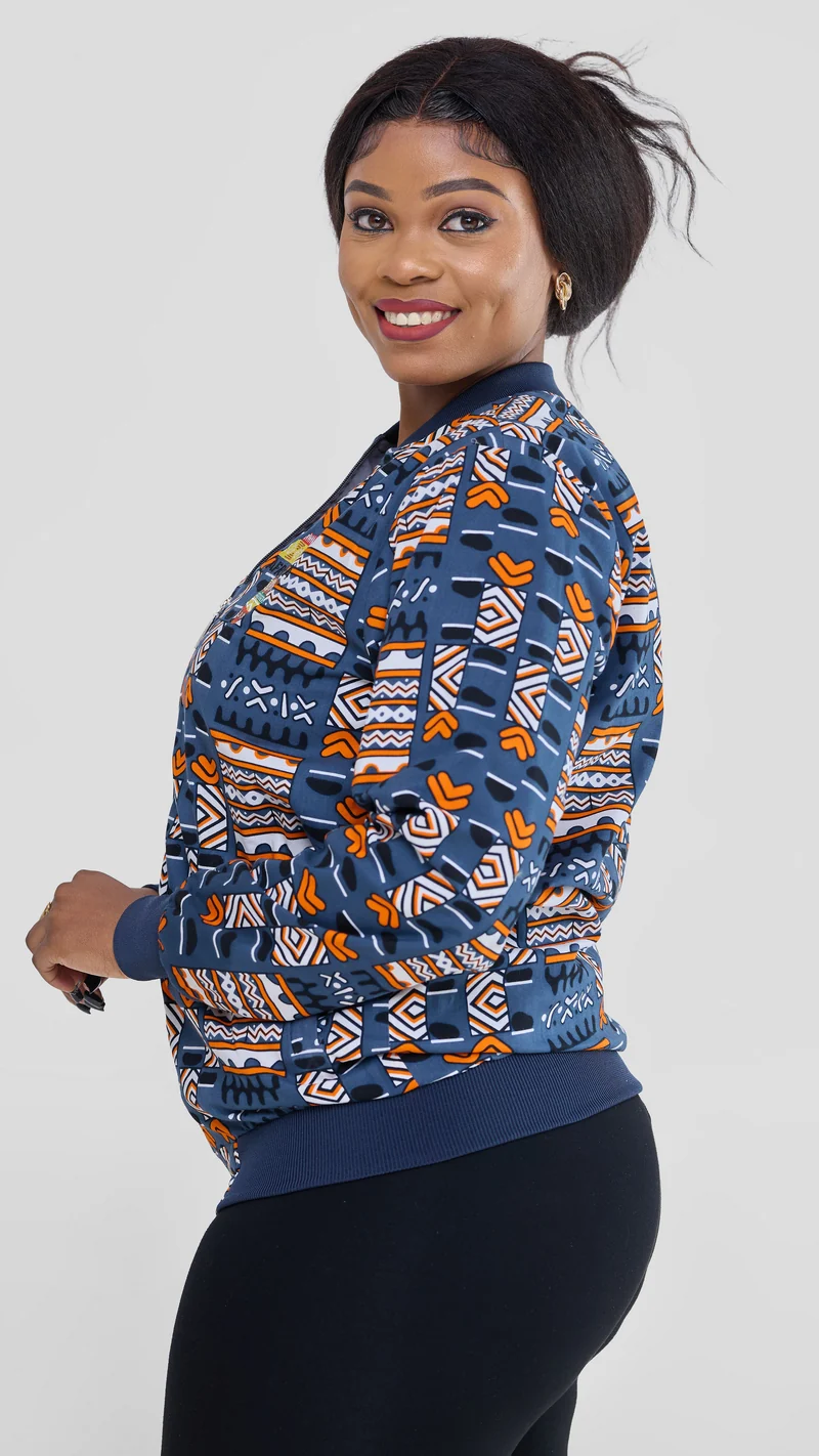 Afrikana Indigo Bomber Jacket - Blue Print