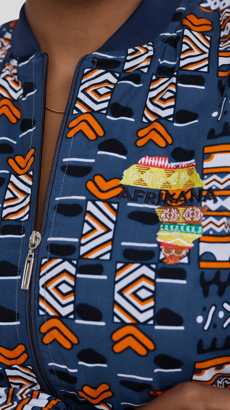 Afrikana Indigo Bomber Jacket - Blue Print