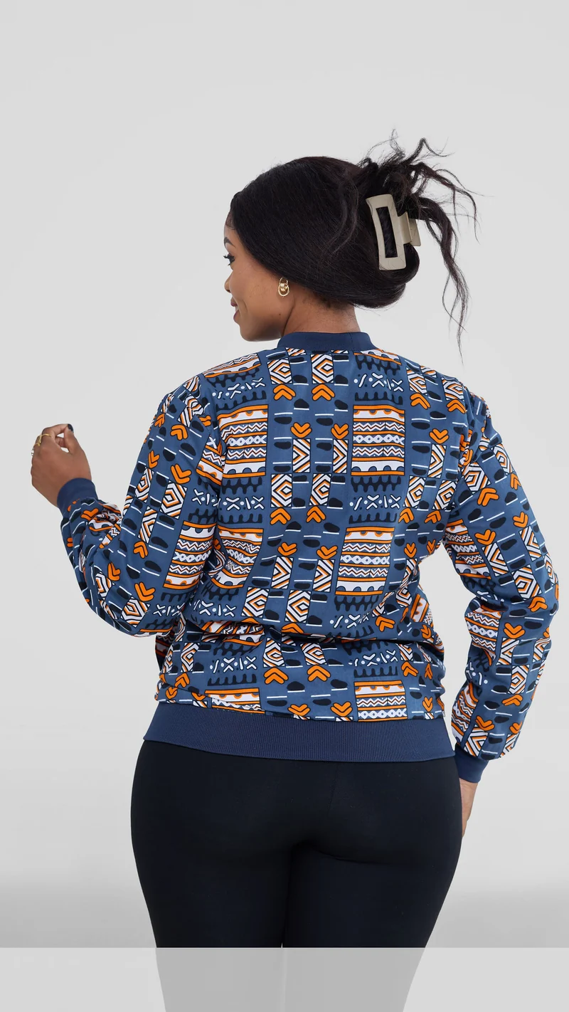 Afrikana Indigo Bomber Jacket - Blue Print