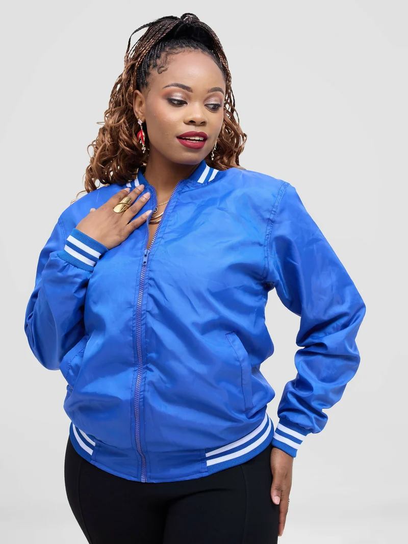 Timyt Urban Wear Urban Monarch White Ribbed Cuffs,Collar, And Hem Bomber Jacket - Blue