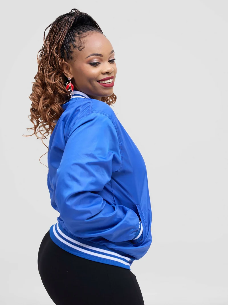 Timyt Urban Wear Urban Monarch White Ribbed Cuffs,Collar, And Hem Bomber Jacket - Blue