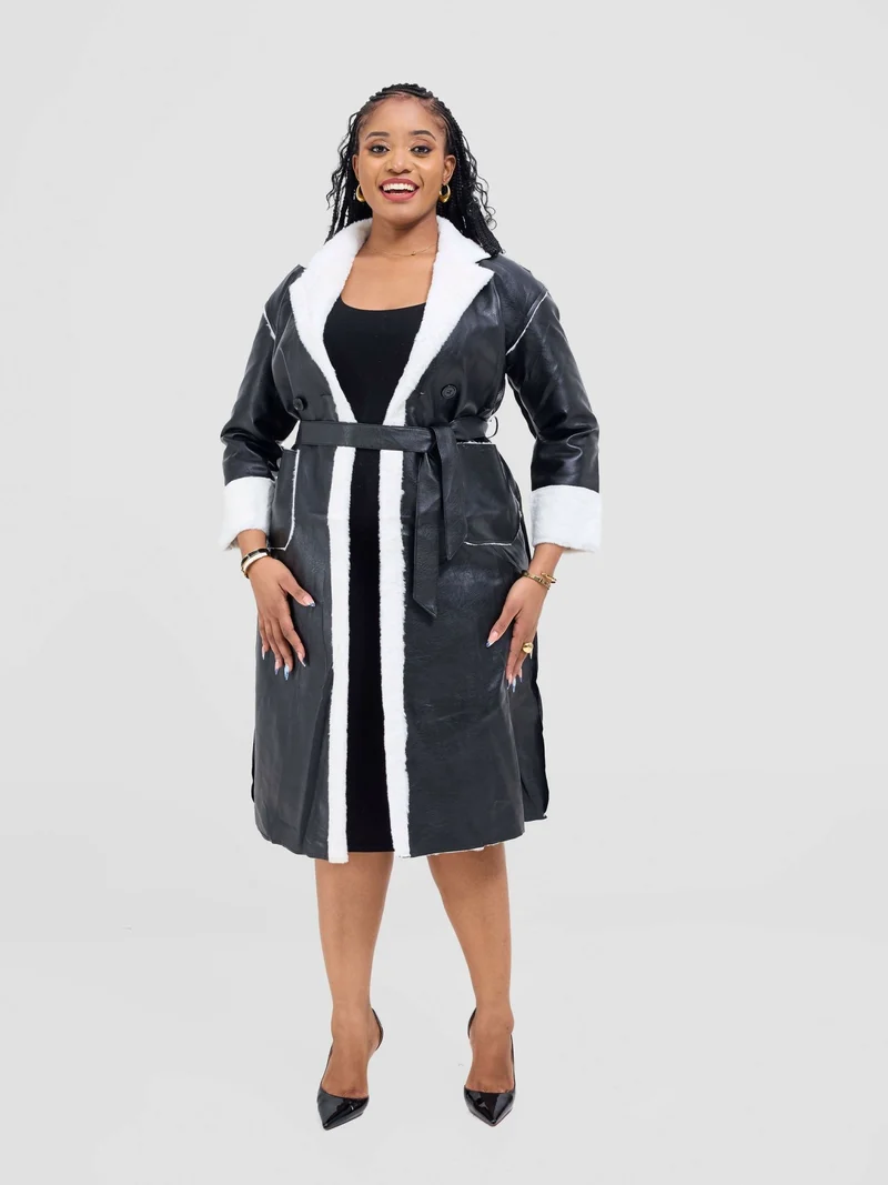 Stylish Sisters Leather Trench Coat With Fur Jacket - Black