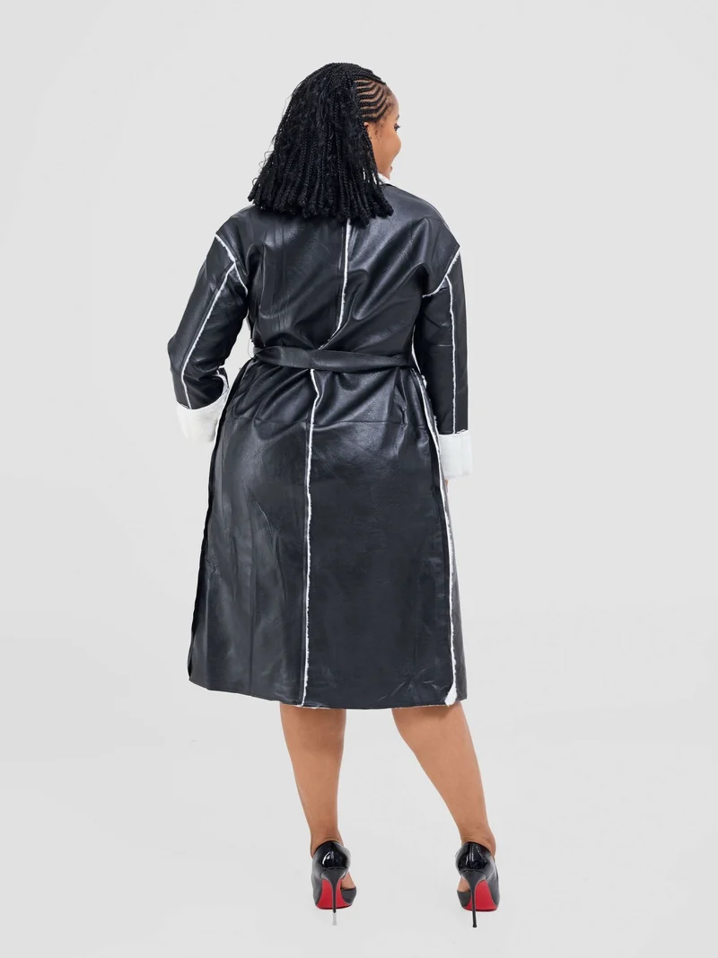 Stylish Sisters Leather Trench Coat With Fur Jacket - Black