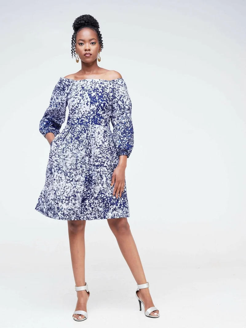 The Fashion Frenzy Keino Off Shoulder Skater- Blue / White Print