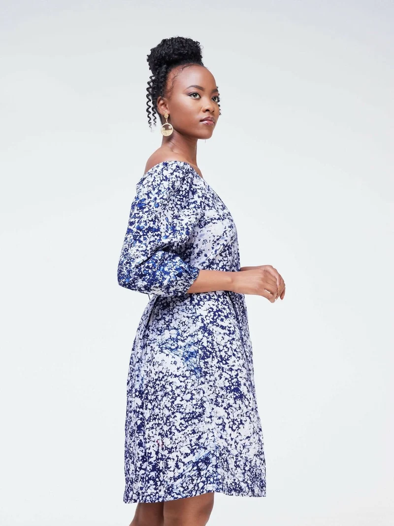 The Fashion Frenzy Keino Off Shoulder Skater- Blue / White Print