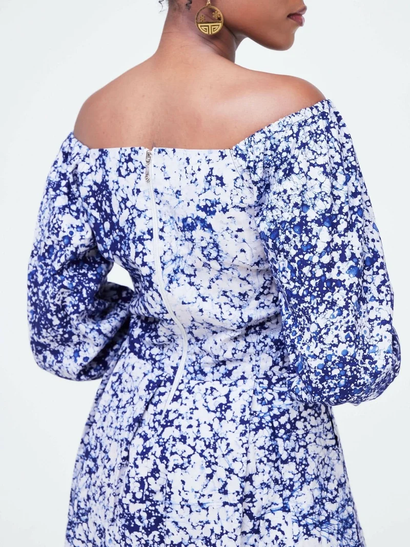 The Fashion Frenzy Keino Off Shoulder Skater- Blue / White Print