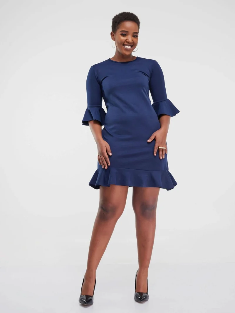 Liliadly Ruffled Shift Dress - Navy Blue