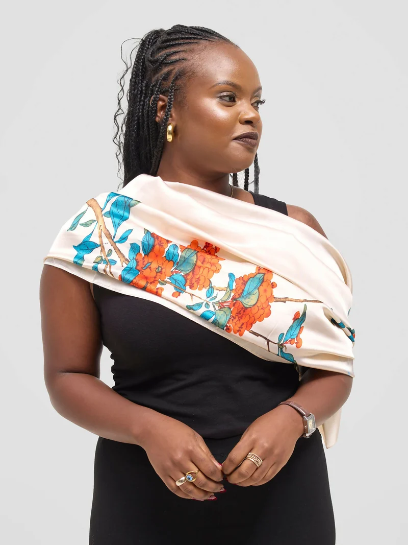 Ukiyo Lifestyle Silk Scarf - Cream Print