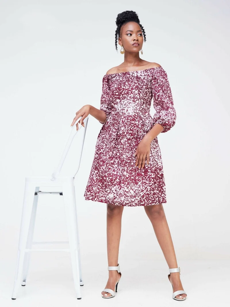 The Fashion Frenzy Keino Off Shoulder Skater Dress - Maroon