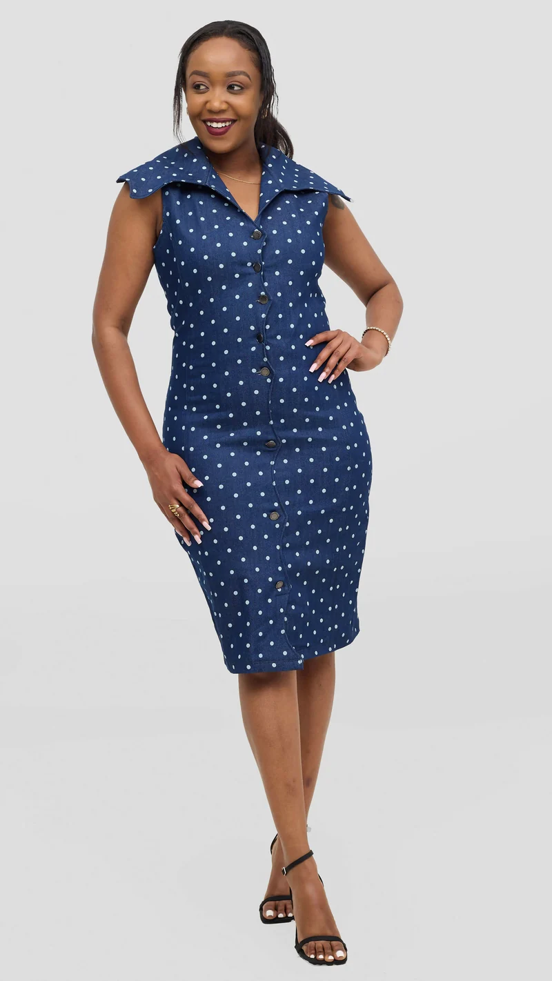 Kinini Creations Denim Polka Dot Dress - Blue