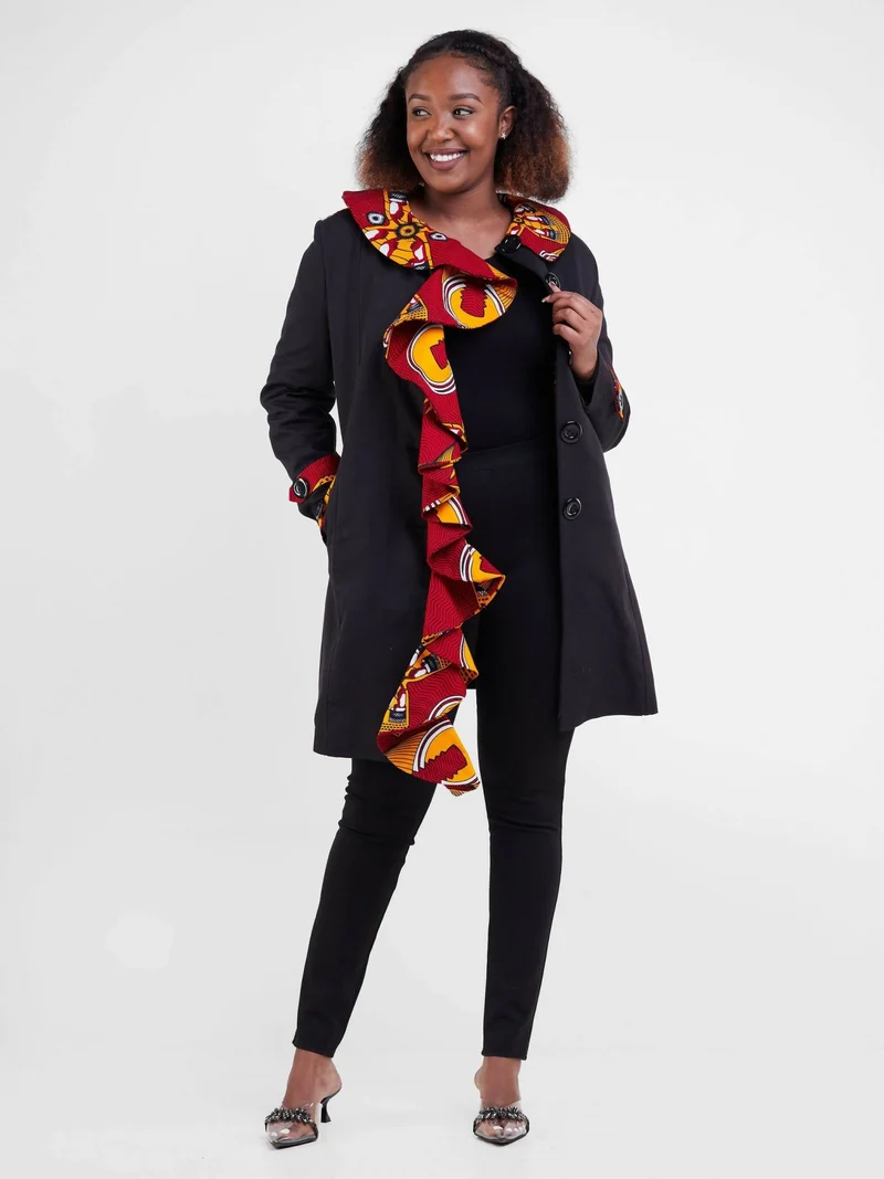 Liliadly Red flower Ankara Print Trench Coat - Black