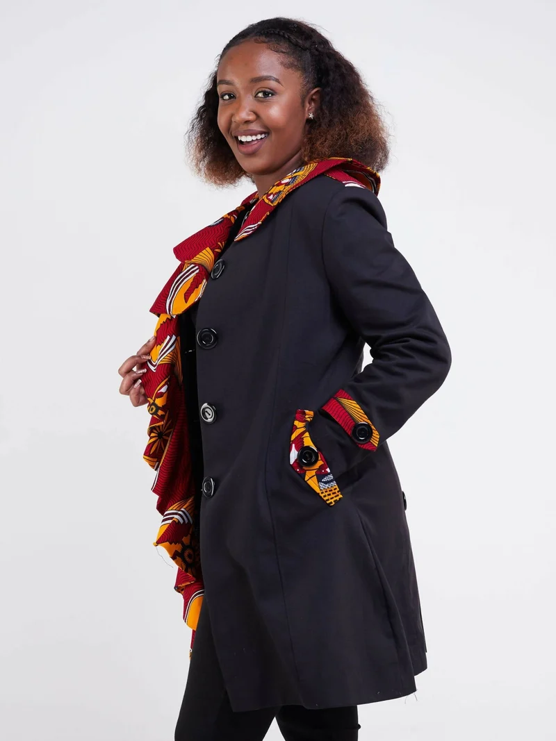 Liliadly Red flower Ankara Print Trench Coat - Black