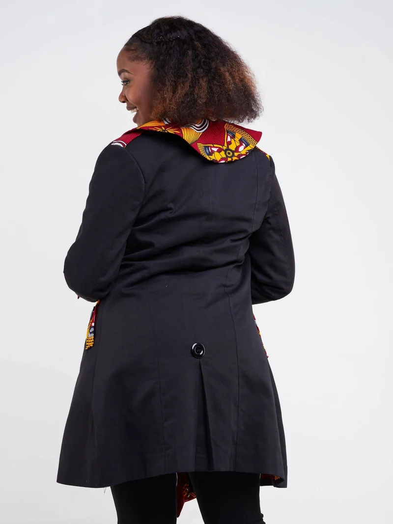 Liliadly Red flower Ankara Print Trench Coat - Black