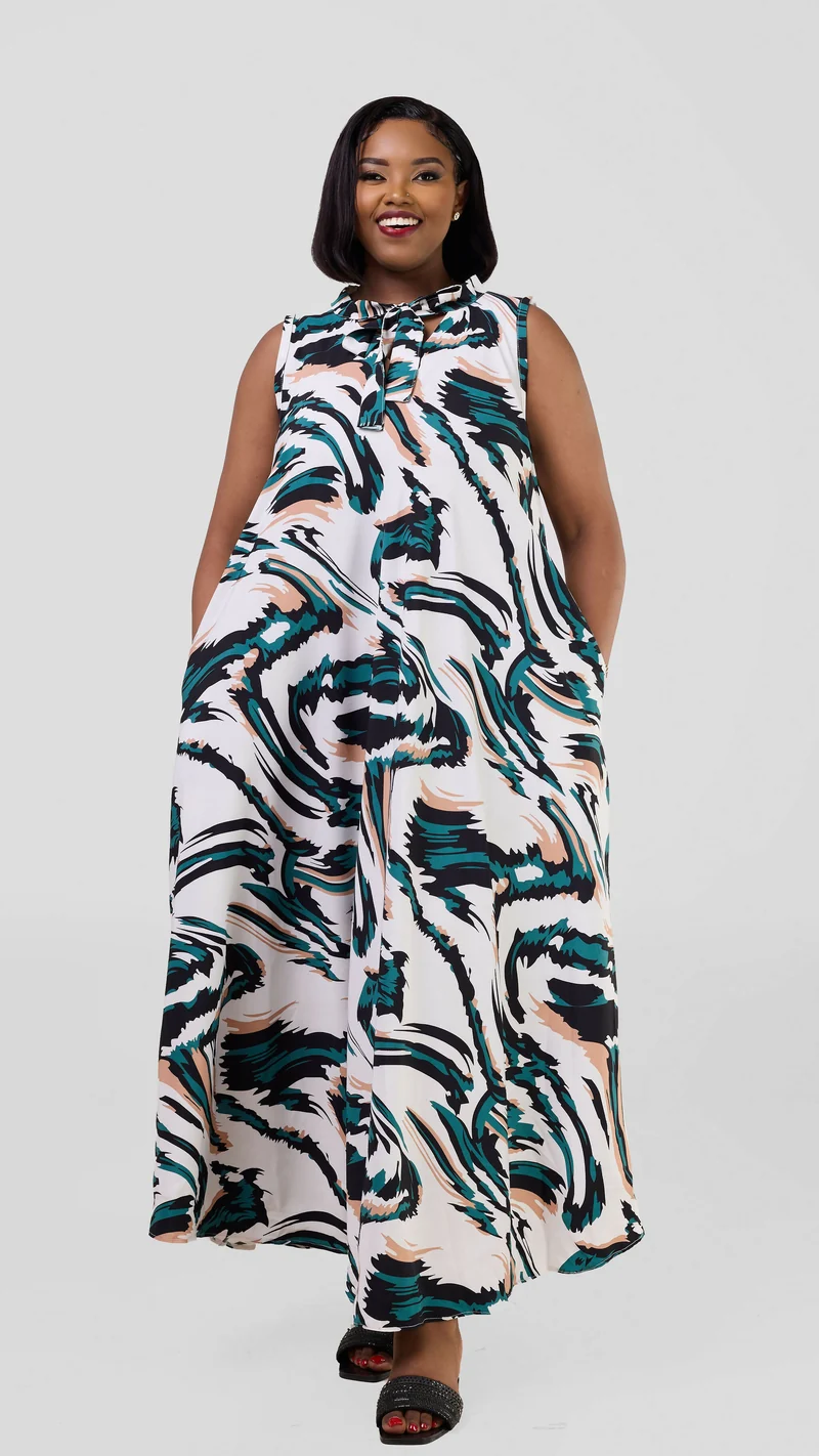 Liliadly Becky Pussy Bow Dress - White / Green