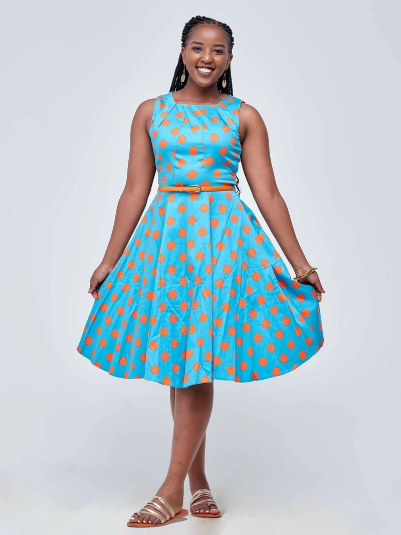 The Fashion Frenzy Polka Skater Dress - Teal / Orange Polka