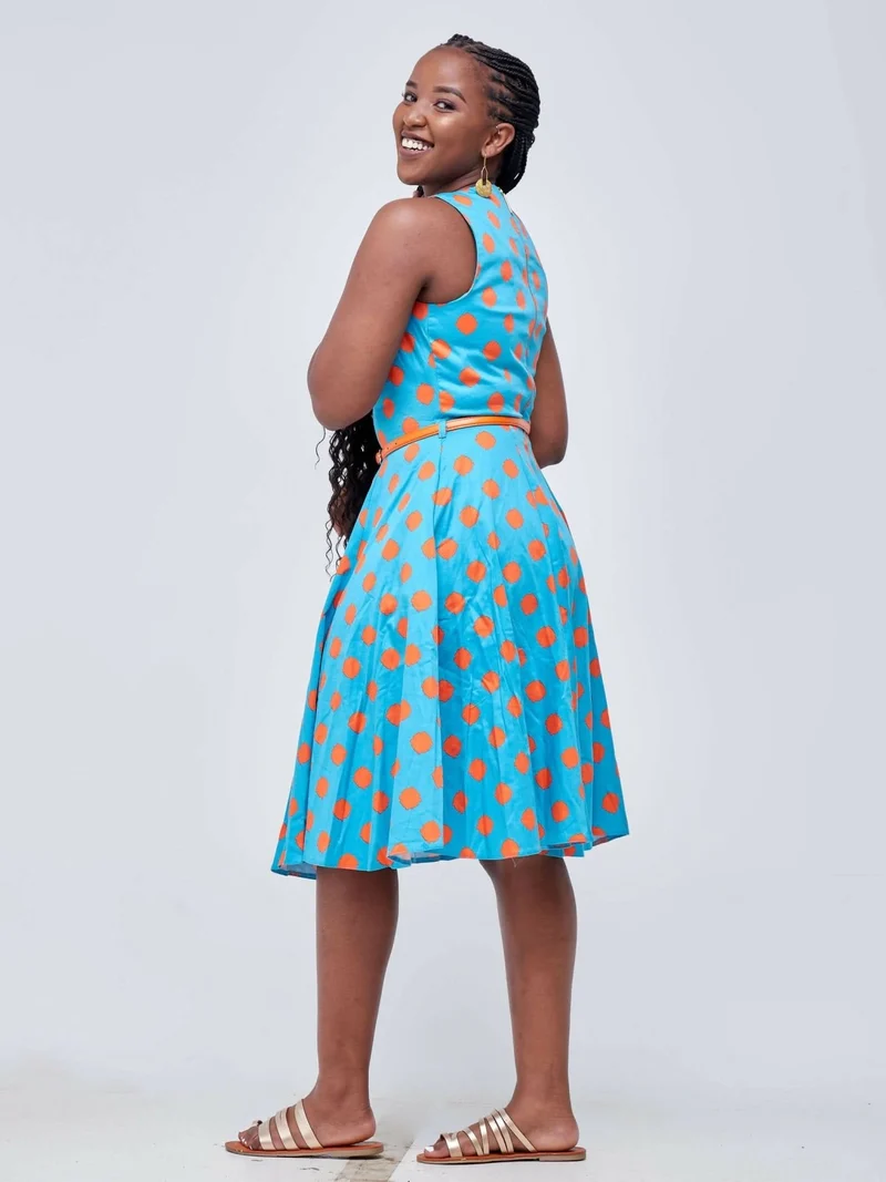 The Fashion Frenzy Polka Skater Dress - Teal / Orange Polka