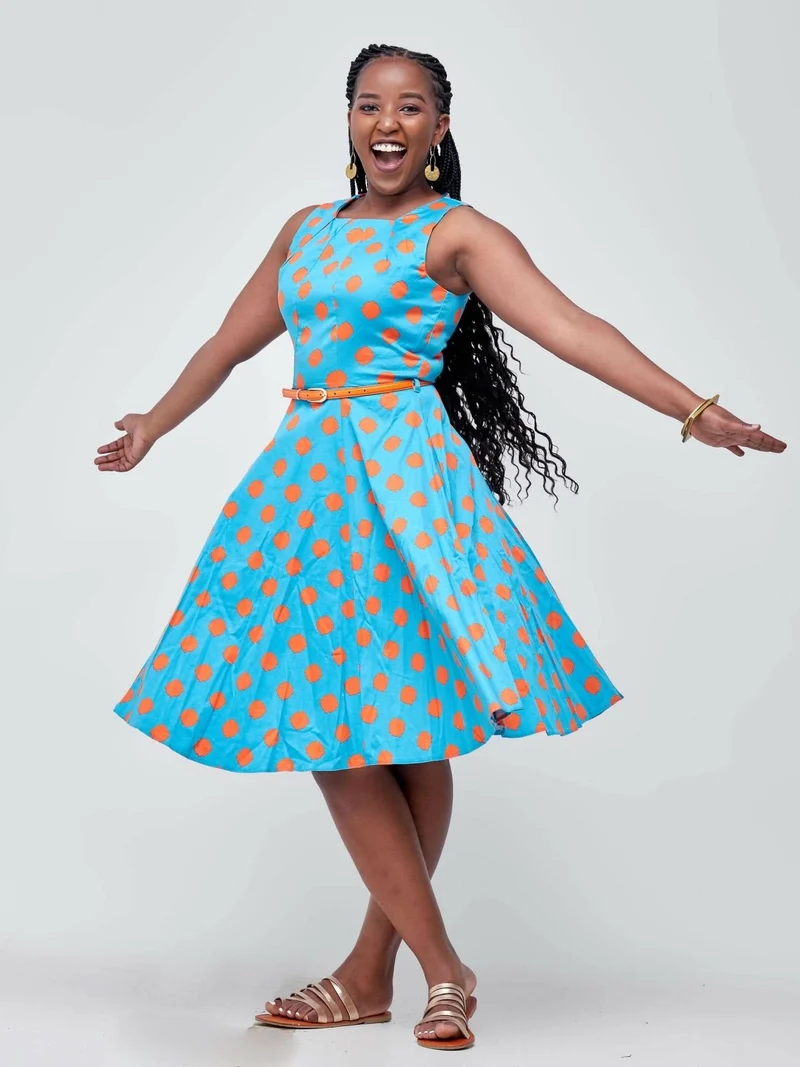 The Fashion Frenzy Polka Skater Dress - Teal / Orange Polka