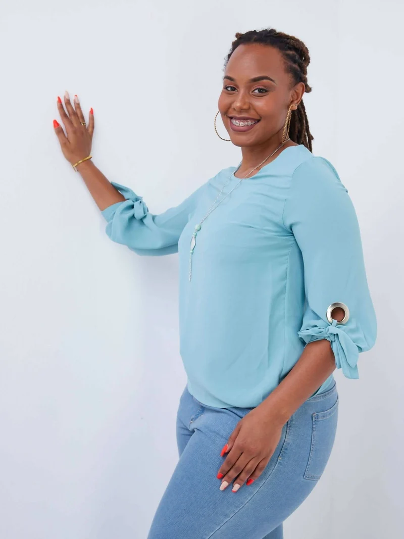 The Fashion Frenzy Ribbon Tie Top - Blue