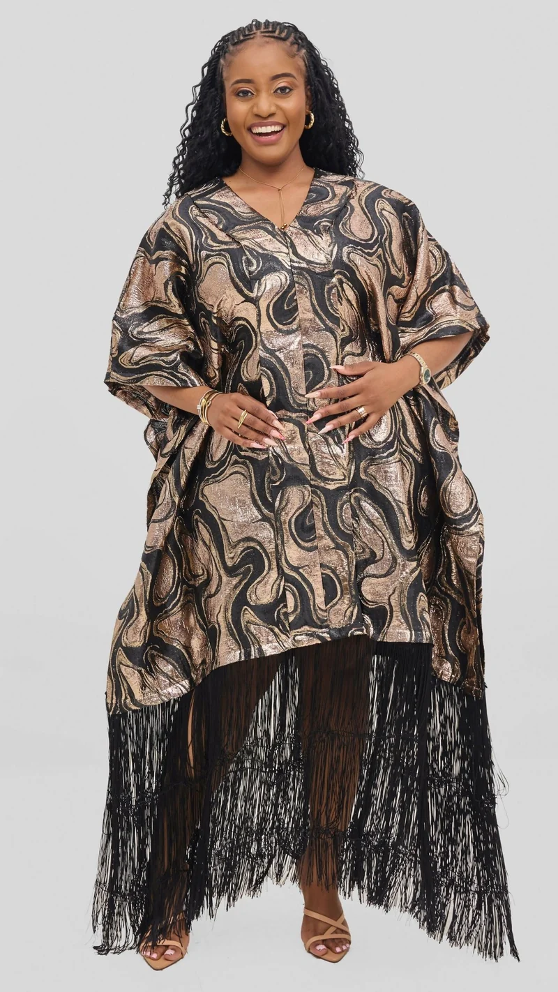 Hats And More Glamour Fringe Hem Tunic Dress - Gold / Black Print