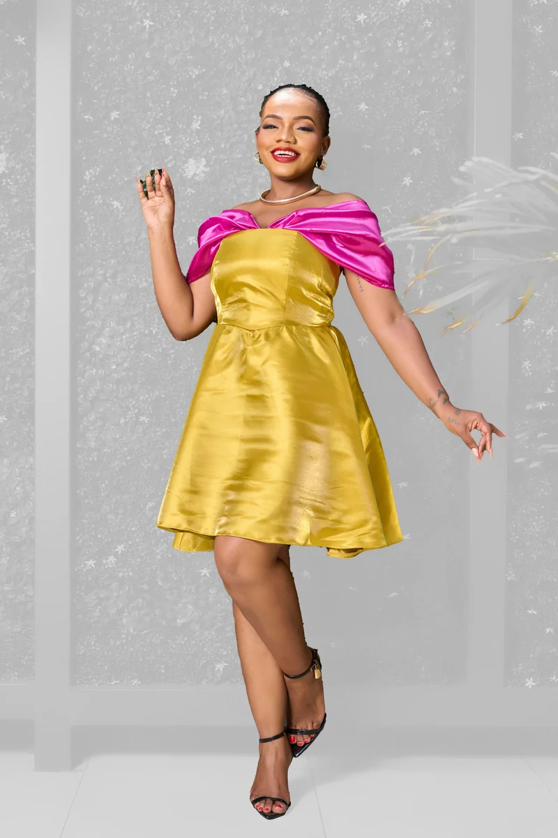 Plainchic Off Shoulder Satin Dress - Green / Pink
