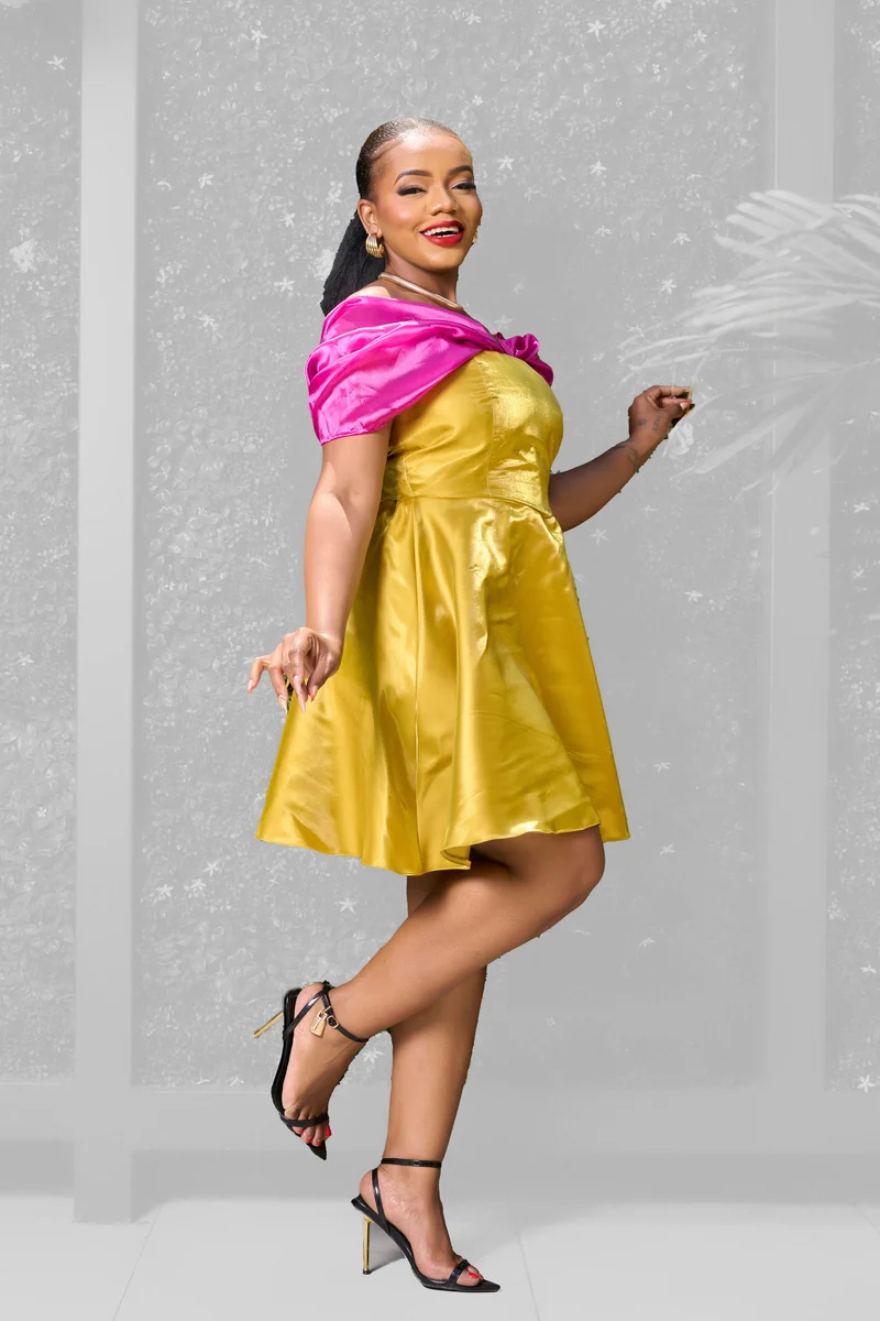 Plainchic Off Shoulder Satin Dress - Green / Pink