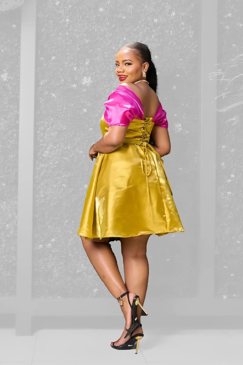 Plainchic Off Shoulder Satin Dress - Green / Pink