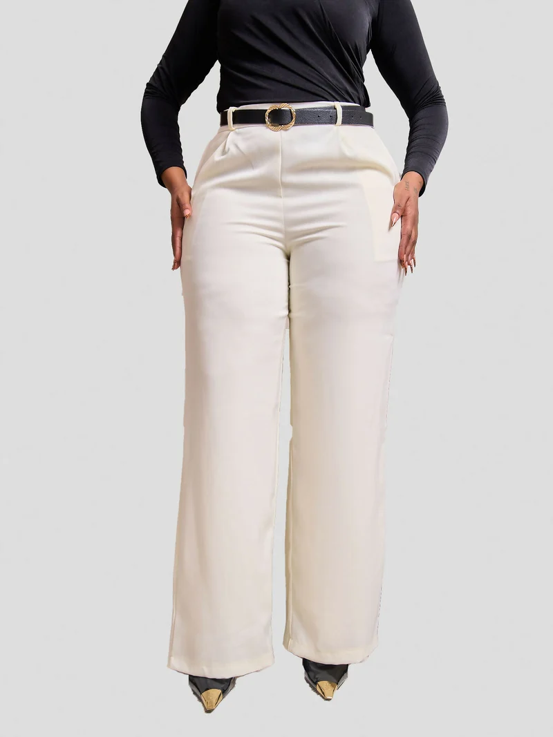 Plainchic Curvy Plus Size Knife Pleat Palazzo Pant - Cream