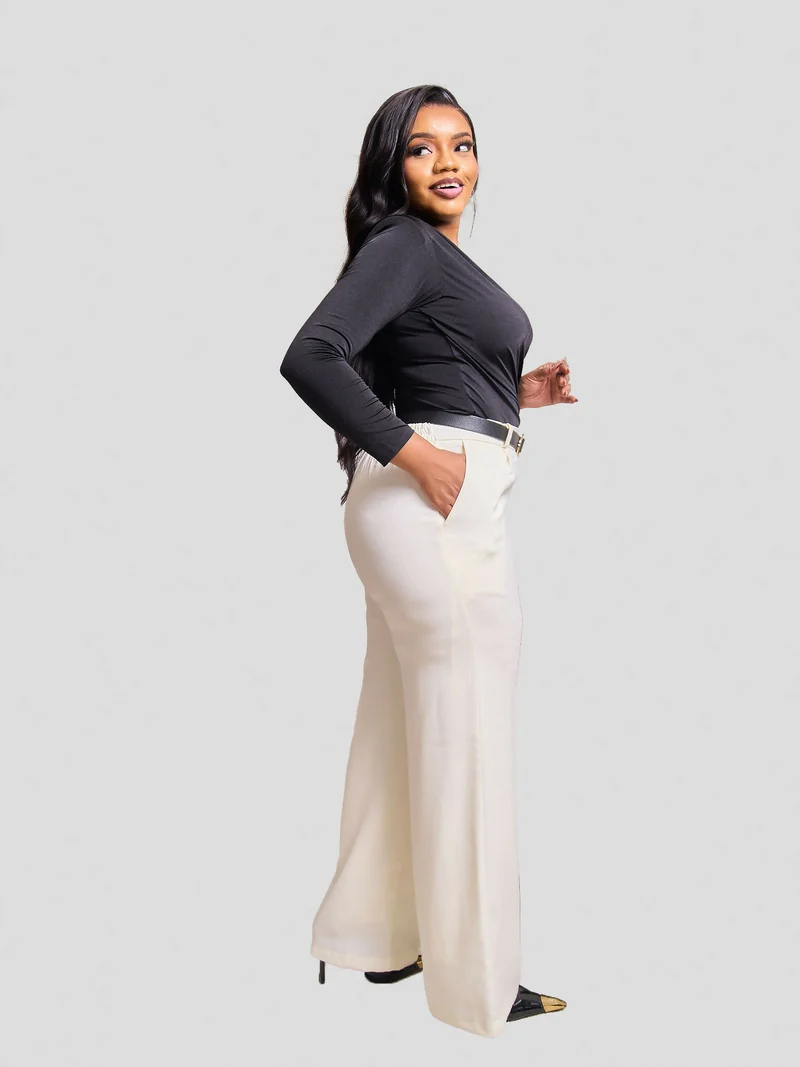 Plainchic Curvy Plus Size Knife Pleat Palazzo Pant - Cream