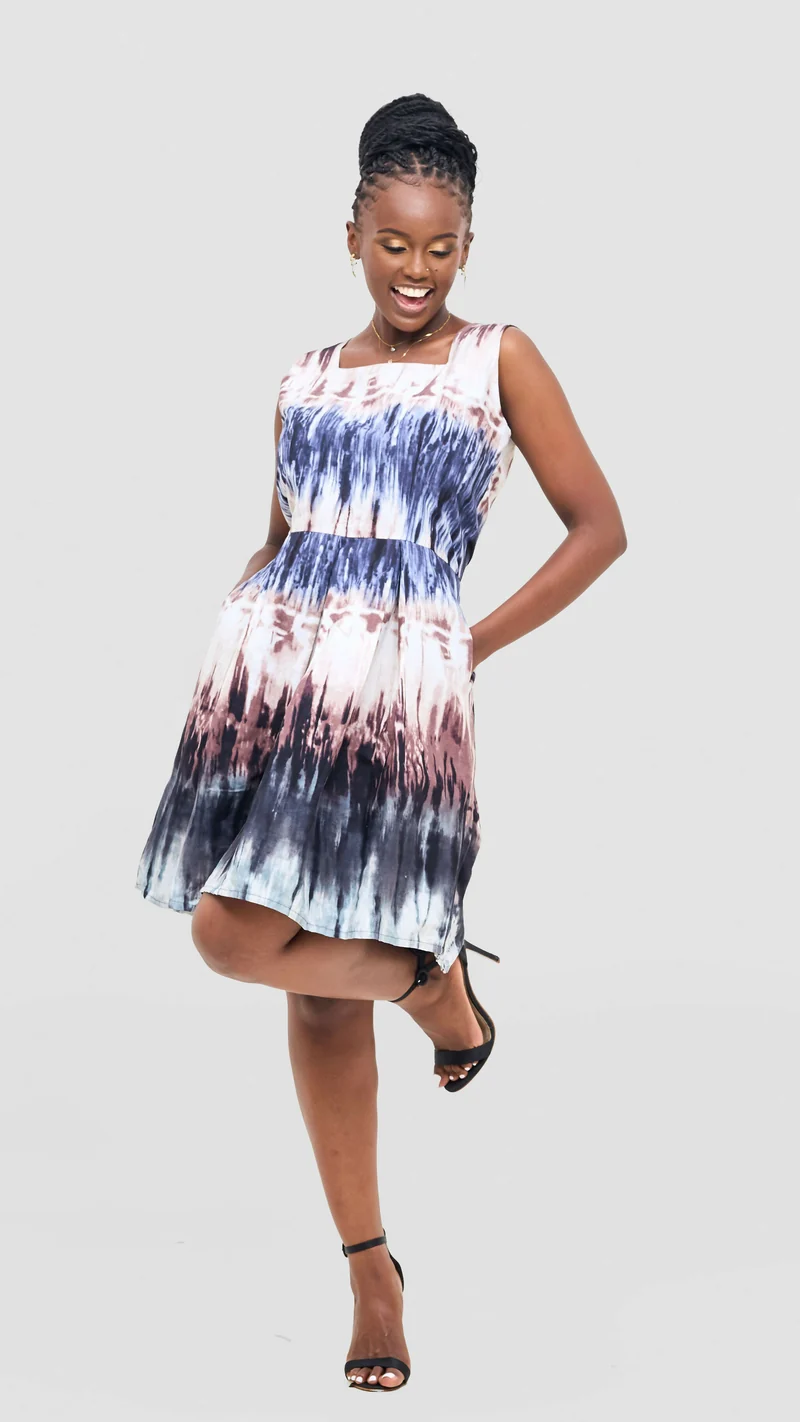 The Fashion Frenzy Amani Tie-Dye Cotton Box Neck Dress - Cream