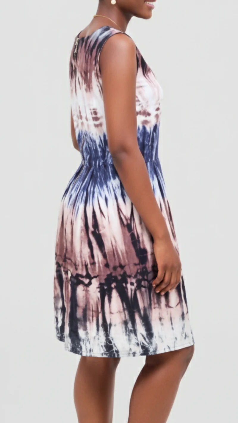 The Fashion Frenzy Amani Tie-Dye Cotton Box Neck Dress - Cream