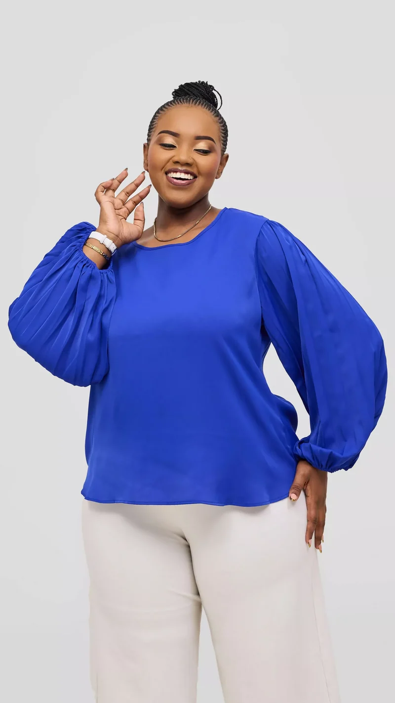 The Fashion Frenzy Azure Elegance Balloon Sleeve Blouse Top - Blue