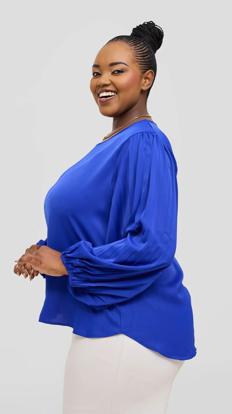 The Fashion Frenzy Azure Elegance Balloon Sleeve Blouse Top - Blue