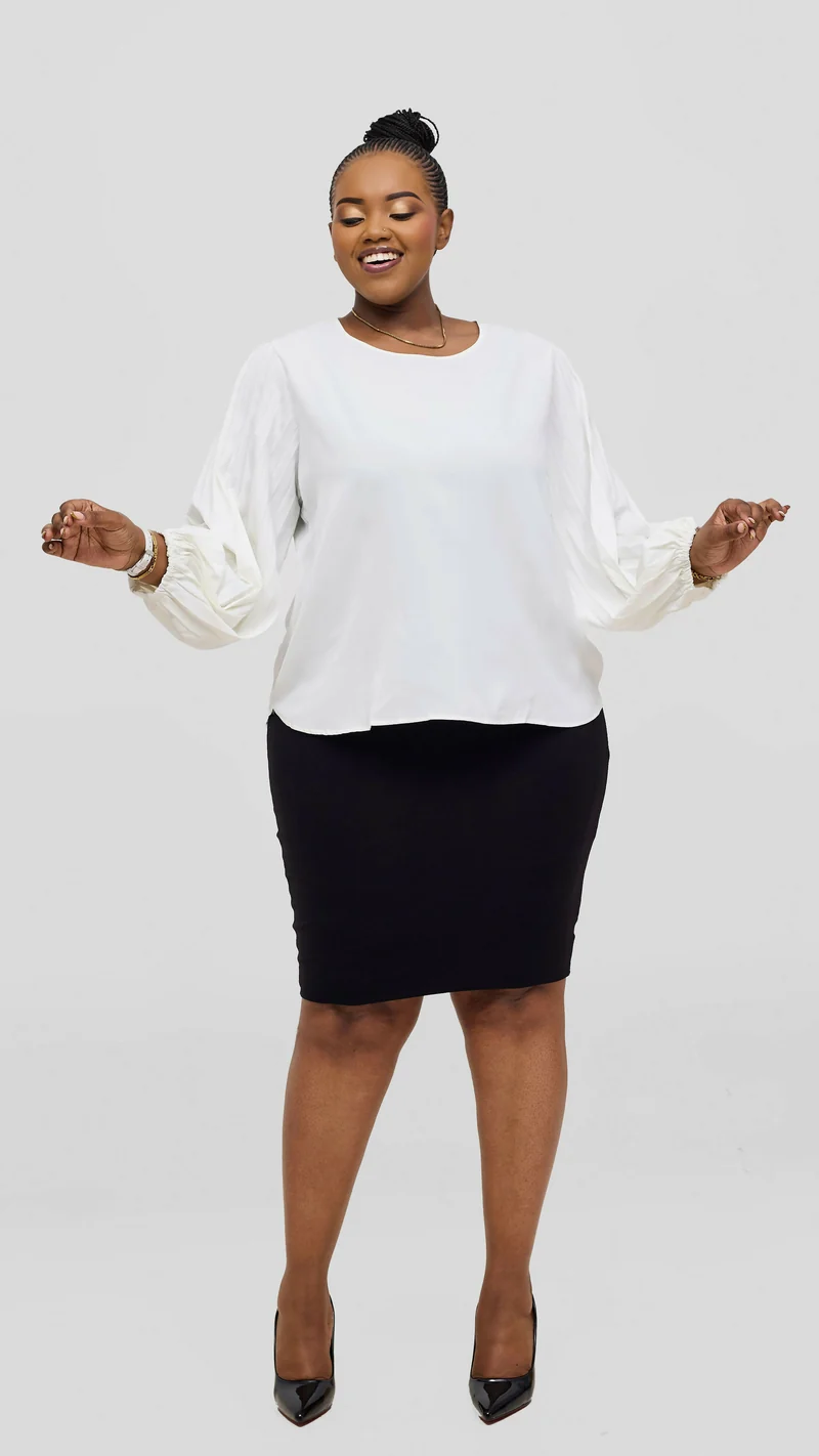 The Fashion Frenzy Azure Elegance Balloon Sleeve Blouse Top - White