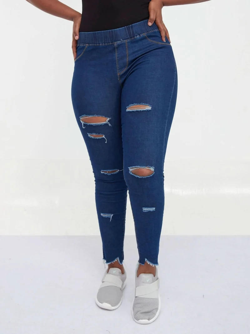 Dark Blue Rugged Jeans (No String) - Blue