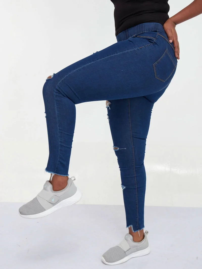 Dark Blue Rugged Jeans (No String) - Blue