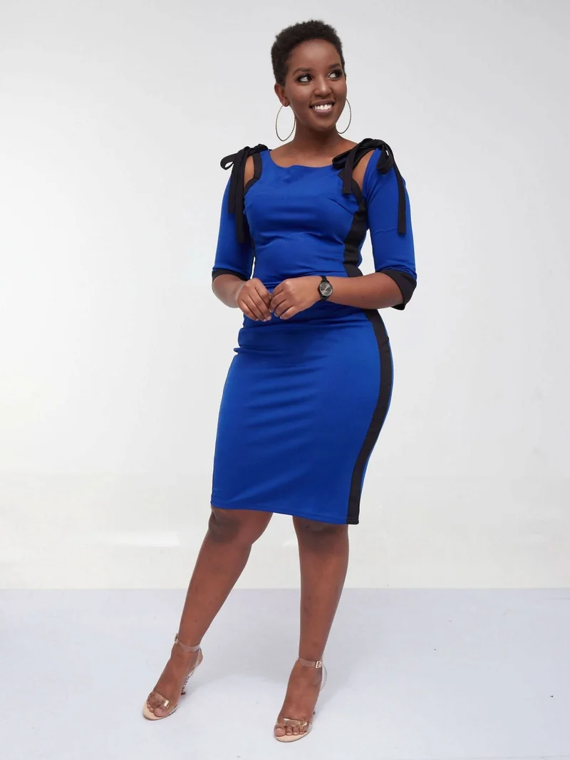 Material Bodycon Office Dress - Black / Royal Blue