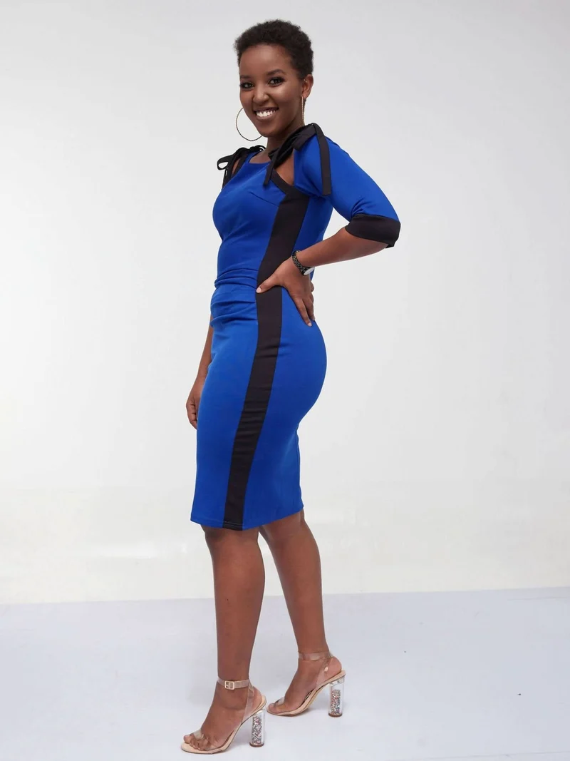 Material Bodycon Office Dress - Black / Royal Blue