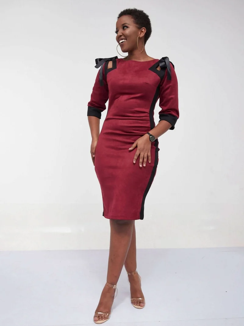 Velvet Maroon Bodycon Office Dress - Maroon