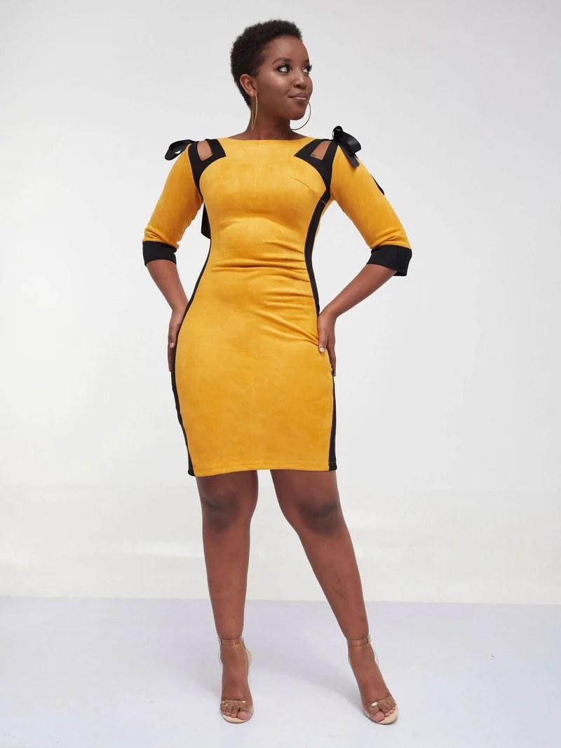 Velvet Yellow Bodycon Office Dress - Yellow